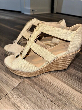 A New Day Canvas Espadrille Wedge Sandals with Front Zip Beige